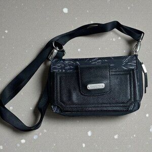 Baggalini Black Leather and Floral Nylon Wallet Crossbody Bag RFID Blocking